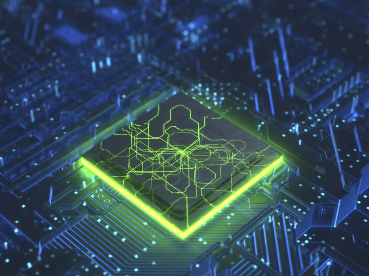 Material Sensorik Bildbeschreibung / description: Ein grüner-blauer Chip auf einer Leiterplatte.