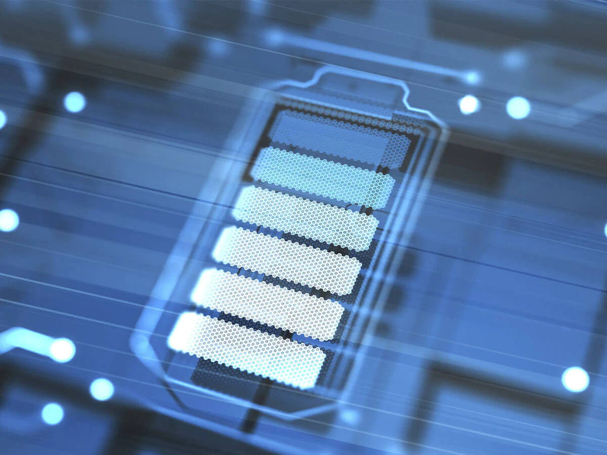 Material Energiespeicherung Bildbeschreibung / description: Eine Batterie auf blauem Hintergrund.