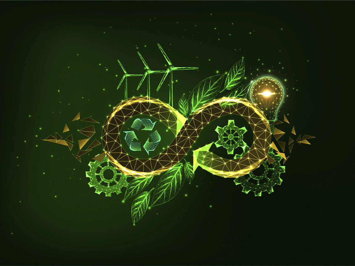 Werkstofftag Bildbeschreibung / description: Nachhaltiges Konzept mit grünem Unendlichkeitssymbol, Glühbirne, Recycling-Symbol und Windrädern.